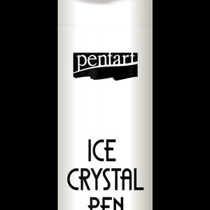 May include: A white cylindrical pen with a clear cap, labeled Pentart Ice Crystal Pen in black text. The container features a graphic of four-pointed stars and indicates a volume of 30 ml. The design is vertical, featuring a clean white body.
