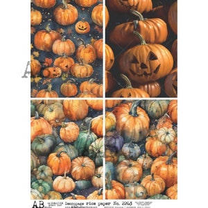 May include: A digital paper featuring a repeating pattern of watercolor pumpkins in shades of orange, green, and brown. The pumpkins are arranged in a random pattern and some have carved faces. The paper is titled "Decoupage Rice Paper No. 2263".