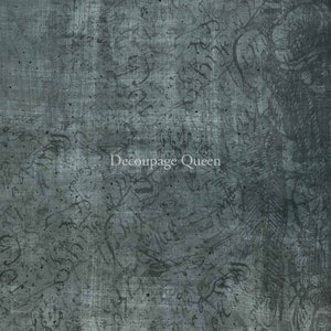 May include: A dark gray textured background with a faded, distressed look. The background is covered in a pattern of faded black script and a few floral designs. The text "Decoupage Queen" is printed in white in the center of the image.