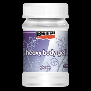 May include: A white plastic jar with a purple label that says "pentart heavy body gel glossy 100".