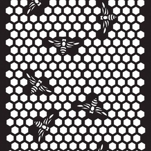 May include: Black and white graphic design featuring a honeycomb pattern with stylized bees flying around the honeycomb. The text "Queen Bee" is at the bottom of the design.