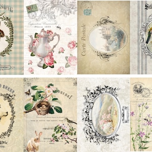 May include: A collage of vintage-style images featuring a rabbit, a teapot, a bird's nest, a sheep, a chick, and a landscape scene. The images are framed with ornate borders and have a distressed, antique look.