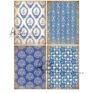 May include: Four vintage-style paper sheets with blue and white patterns. Designs include oval portraits, floral scrolls, damask, and floral motifs. The paper has a distressed, aged appearance with a sepia-toned border.