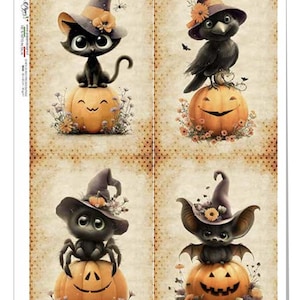 May include: Halloween-themed artwork featuring four whimsical characters: a black cat, a crow, a spider, and a bat, each wearing a witch's hat and perched atop a carved pumpkin. The pumpkins are surrounded by flowers, set against a vintage-style background.
