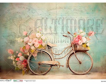 Aqua Background Spring Bicycle| NEW Paper Designs|A4 paper - Decoupage Paper for DIY, Crafts, scrapbooking, art journals, mixed media