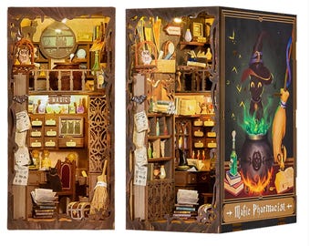 Magic Pharmacist with Dust Cover | Book Nook 3D DIY Kit | Illuminated | Wooden Puzzle |Dollhouse decor