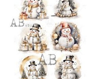 Puede incluir: Hoja de papel de arroz para decoupage con seis ilustraciones de acuarela de muñecos de nieve. Cada muñeco de nieve lleva un sombrero de copa y una bufanda, algunos con regalos y follaje de invierno. El papel tiene una estética vintage.