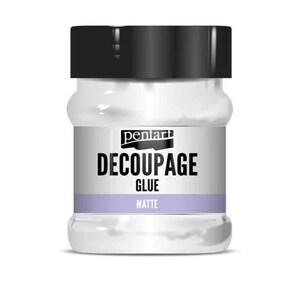 May include: A clear plastic jar with a black screw-top lid containing Pentart Decoupage Glue. The label features the brand name Pentart, the text DECOUPAGE GLUE in bold black letters, and the word MATTE printed on a light purple horizontal band.