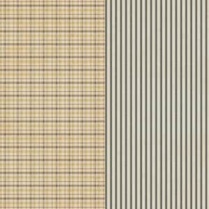 May include: A fabric swatch with a beige and brown plaid pattern on the left side and a beige and black striped pattern on the right side.
