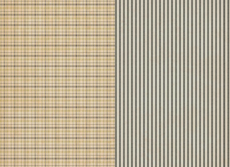 May include: A fabric swatch with a beige and brown plaid pattern on the left side and a beige and black striped pattern on the right side.