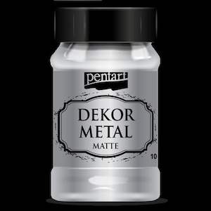 May include: A silver metallic paint bottle with a black lid and label. The label reads "pentart DEKOR METAL MATTE 10".