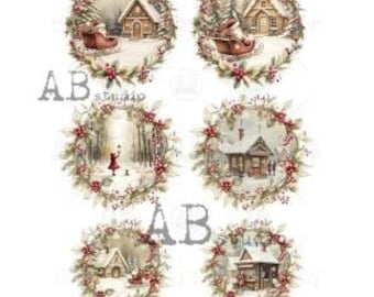 Winter Village Scenes in Wreaths | AB Studio #7094 | Rice Paper | |A4 Mixed Media, Decoupage