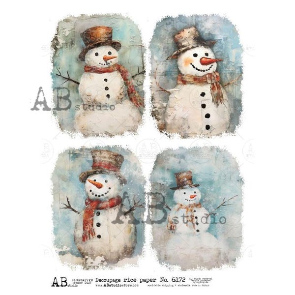Cuatro muñecos de nieve amigables / Papel de arroz AB Studios n.° 6172 / Papel para decoupage de invierno A4