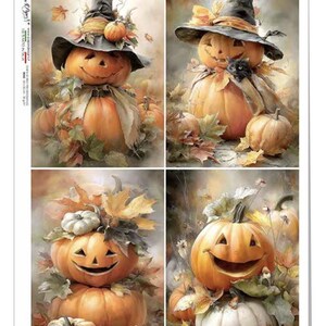 May include: A collage of four Halloween-themed images. Each image features a carved pumpkin with a smiling face, some wearing witch hats and surrounded by autumn leaves and pumpkins. The pumpkins are orange and white.
