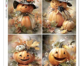 Puede incluir: Un collage de cuatro imágenes con temática de Halloween. Cada imagen presenta una calabaza tallada con una cara sonriente, algunas con sombreros de bruja y rodeadas de hojas de otoño y calabazas. Las calabazas son naranjas y blancas.