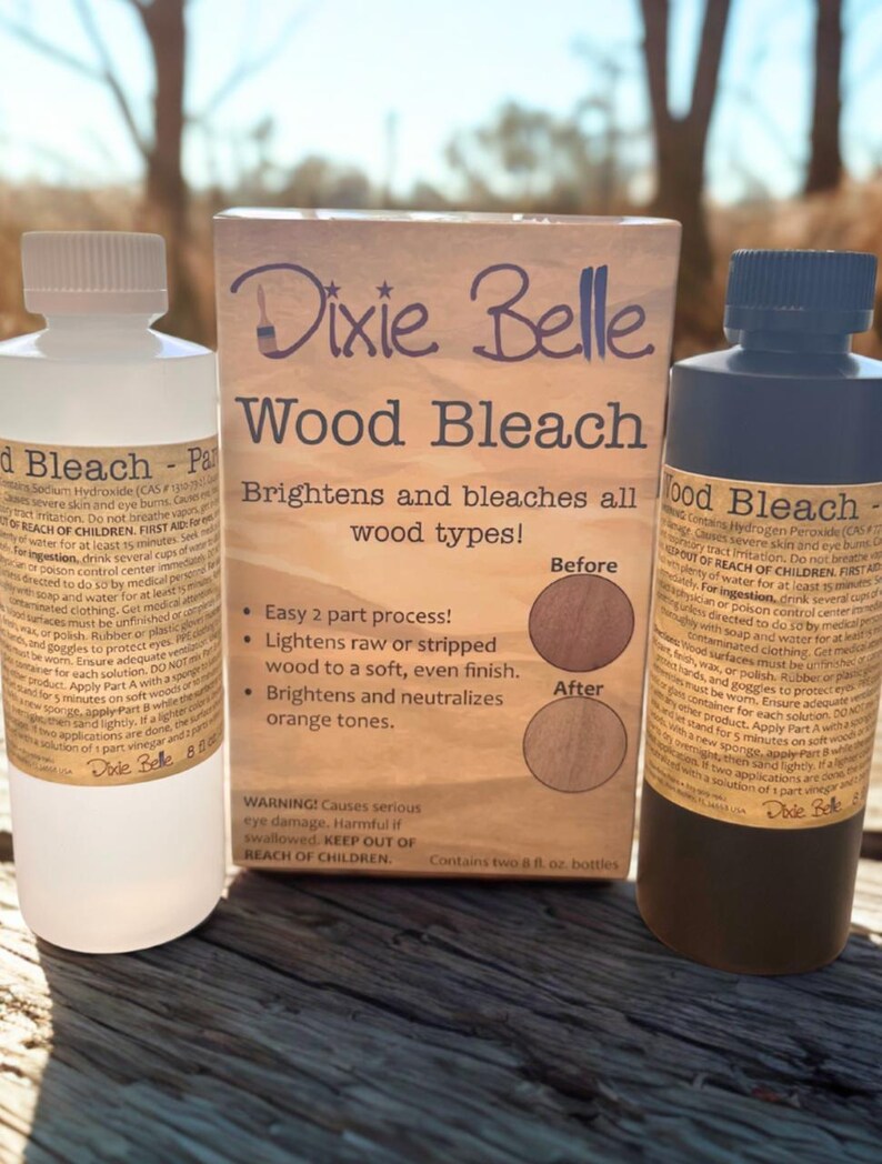 May include: An image of Dixie Belle Wood Bleach products. The image shows two bottles of wood bleach and a box with the Dixie Belle logo. The box states the product brightens and bleaches all wood types. The bottles are 8 fl. oz.