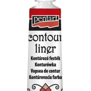 May include: A red tube of Pentart contour liner paint. The tube has a white cap and is labeled "contour liner" in black text. The text "RED" is printed in white on a black background.