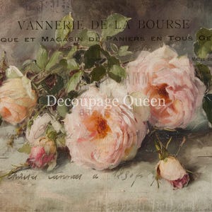 May include: A vintage advertisement for a basket-making shop called "Vannerie de la Bourse." The ad features a bouquet of delicate pink roses with green leaves and a faded, textured background.