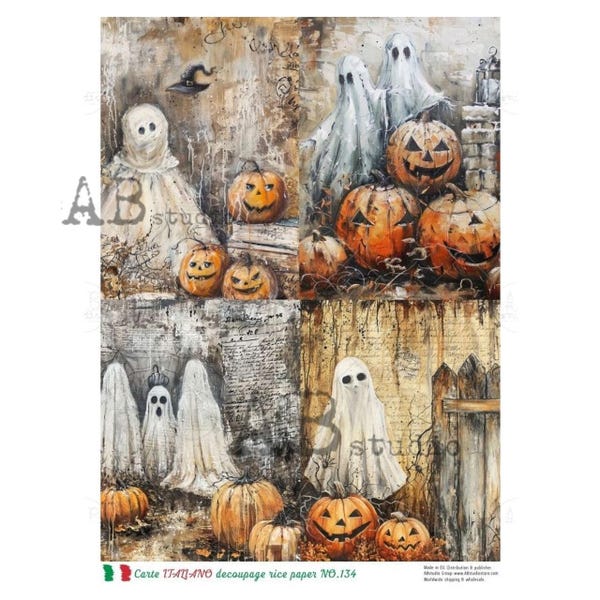 Paquete de cuatro fantasmas de Halloween/AB Studios n.° 134 - Papel para decoupage A4/ Decoupage Queen / Bricolaje, manualidades, scrapbooking, diarios artísticos, técnicas mixtas