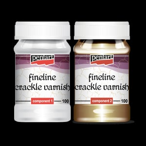 May include: Two bottles of Pentart Fine Line Crackle Varnish, one white and one gold, labeled "component 1" and "component 2" respectively. Each bottle contains 100 ml of varnish.