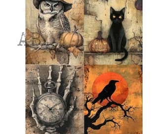 Halloween 4  | AB Studios #1324 | A4 | Owl Black Cat Crow | Crafts, scrapbooking, art journals, mixed media