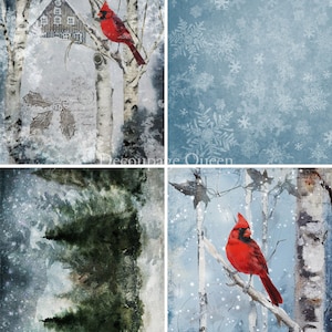 May include: A digital collage featuring four images of a winter scene. The top left image shows a small white house with a red cardinal perched on a branch. The top right image is a blue background with white snowflakes. The bottom left image shows a watercolor painting of a forest. The bottom right image shows a red cardinal perched on a branch in a snowy forest.