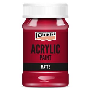 May include: A bottle of red acrylic paint with a white lid. The label reads "pentart" and "ACRYLIC PAINT MATTE". The bottle is a deep red color.