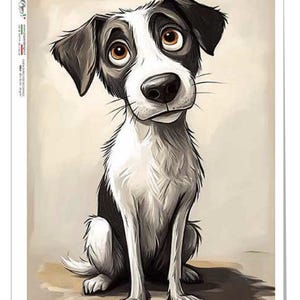 May include: A whimsical illustration of a dog with a black and white coat, large brown eyes, and a slightly sad expression. The dog is sitting upright, with its front paws together. The artwork has a soft, painterly style, with a neutral background.