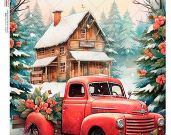 Red Christmas Truck| Paper Design|A4 paper - Decoupage Paper for DIY, Crafts, scrapbooking, art journals, mixed media