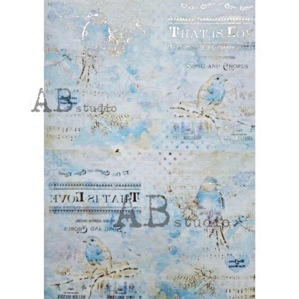 Gilded Blue Birds |AB Studio #1022|A4 - Decoupage Paper for DIY, Crafts, scrapbooking, art journals, mixed media