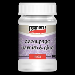 May include: A clear plastic bottle with a white screw-top lid containing Pentart decoupage varnish & glue. The label is light purple with white floral line art, featuring the text Pentart, decoupage varnish & glue, and the word matte in red.