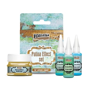 May include: Patina Effect Set for antique copper, includes a jar of gold powder and three bottles of blue, green, and light blue liquid reagents. Pentart brand.