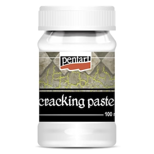 May include: A white plastic jar of Pentart cracking paste with a screw-top lid. The label features a graphic of a cracked surface with yellow fissures, the brand name Pentart in a red box, and the text cracking paste with 100 ml visible.