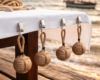 Maritime Tischdecken Duschvorhang Gewichte -4er Set- Tischtuch Halter/Beschwerer handgefertigter Knoten Monkeyfist - Jute Leinen Tischwäsche
