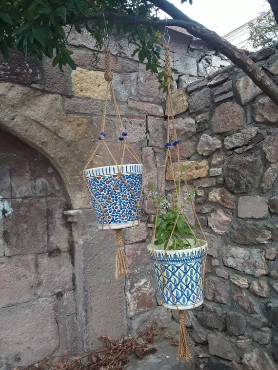 Flower Hanger Made of Sustainable Jute Rope With Knots / Bell Rope  Decorated With Blue Glass Beads / Integrated Thimble Porch Decoration Ideas  