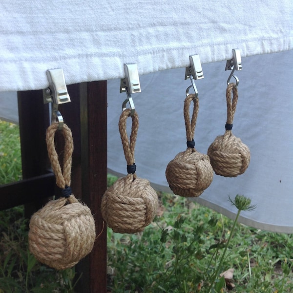 4er Set Maritime Tischdecken Duschvorhang Gewichte - Tischtuch Halter/Beschwerer handgefertigter Knoten Monkeyfist - Jute Leinen Tischwäsche