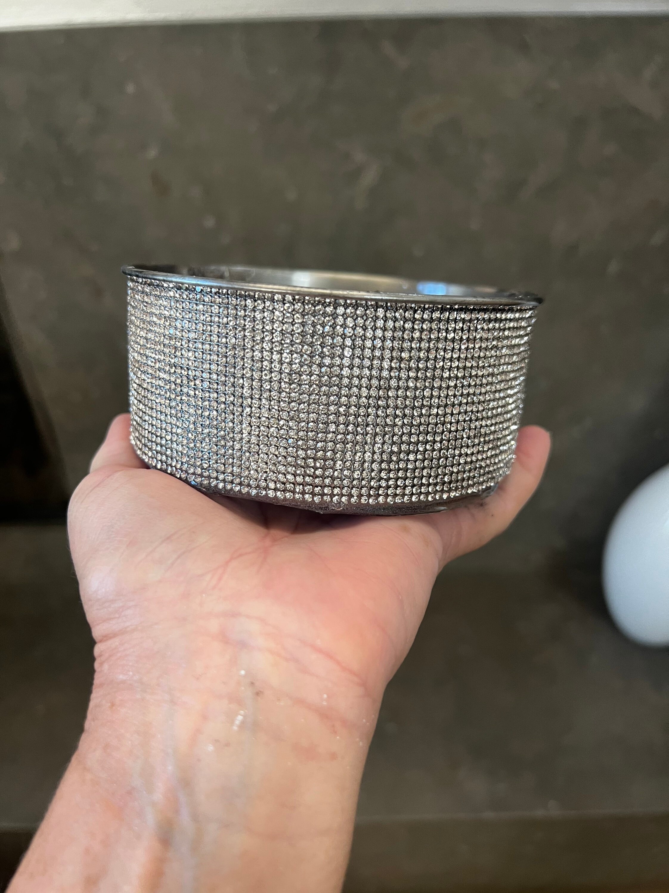 6 Round Stainless Steel Crate Bowl With Rhinestone Finish Etsy