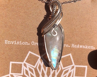 Wire Wrapped Rainbow Moonstone, Sterling Silver, Gift for Her, Gift for Him