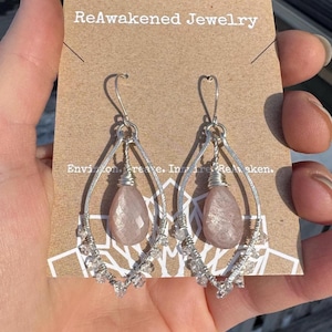 Handmade Sterling Silver Chandelier Earrings: Pink Moonstone & Herkimer Diamonds