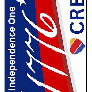 May include: Rectangular badge with a blue field featuring white stars and the words "Independence One." The badge has a red and white stripe design with the word "CREW" in blue. A heart-shaped logo is also present.