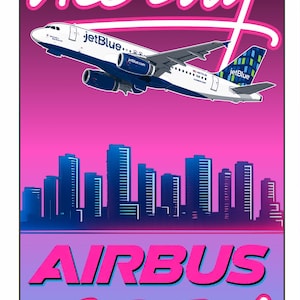 May include: A rectangular luggage tag featuring a pink and purple gradient background with the text Vice City at the top and AIRBUS CREW at the bottom. A JetBlue airplane is depicted flying above a blue silhouette of a city skyline.