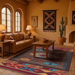 May include: A rectangular area rug featuring a dark brown base with geometric patterns in vibrant turquoise, deep red, and tan. The design includes repeating diamond and chevron motifs arranged in horizontal bands across the entire surface.