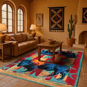 May include: A rectangular area rug featuring a vibrant, multi-colored pattern with prominent depictions of bison in shades of blue and black, set against a background of red, orange, and teal geometric star shapes and linear border designs.