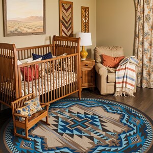 May include: A round area rug featuring a geometric pattern in shades of blue, brown, tan, and black. The design includes repeating cross motifs, triangular shapes, and a checkered border, centered on a dark wood floor in a room with a wooden crib.