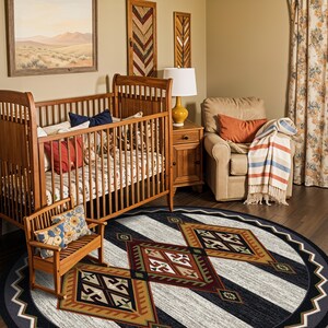 May include: A round area rug featuring a geometric pattern with large diamond shapes in shades of brown, red, green, and cream, set against a background of alternating black and light gray stripes with a zigzag border along the outer edge.
