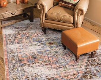 Orange Persian Style Rug, Orange Distressed Rug, Orange Area Rug, Orange Distressed Area Rug, Distressed Persian Style Rug