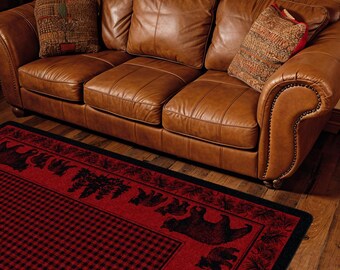 Red Bear Rug, Red Cabin Rug, Bears Rug, Red Lodge Rug, Red Rustic Rug, Mountain Cabin Rug, Rustic Cabin Rug, Red Country Rug, Cabin Area Rug