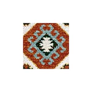 May include: A square textile piece featuring a central white star-like shape surrounded by a dark green border, a light blue geometric frame, and a textured rust-orange diamond background, all enclosed within a white and black border pattern.