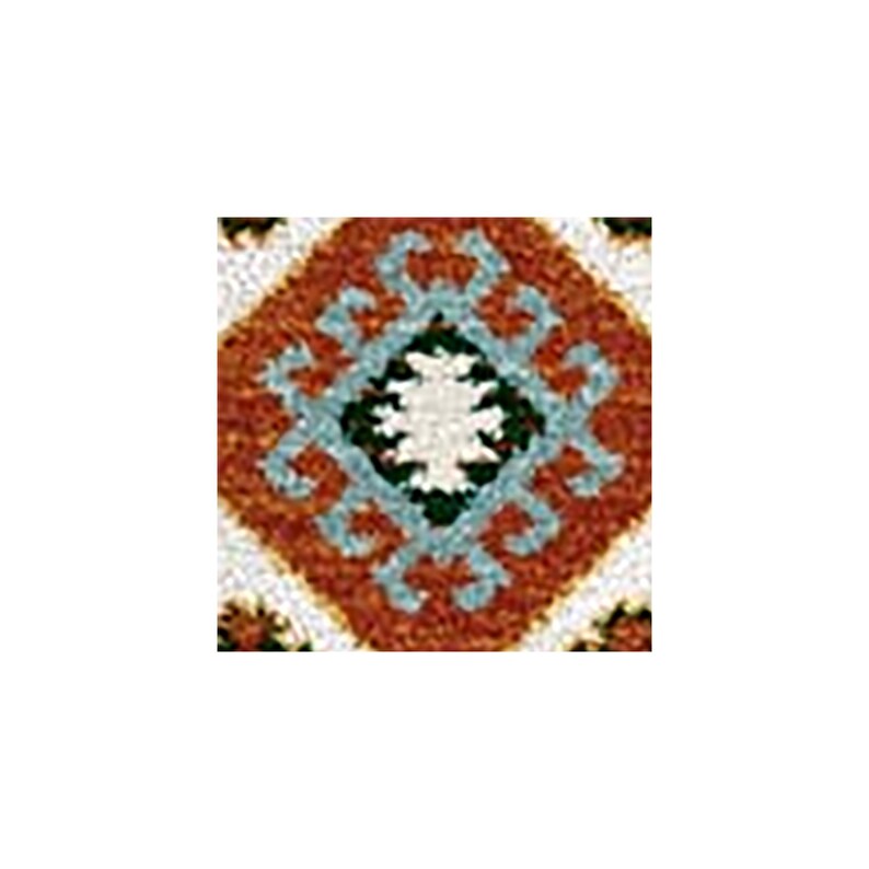 May include: A square textile piece featuring a central white star-like shape surrounded by a dark green border, a light blue geometric frame, and a textured rust-orange diamond background, all enclosed within a white and black border pattern.