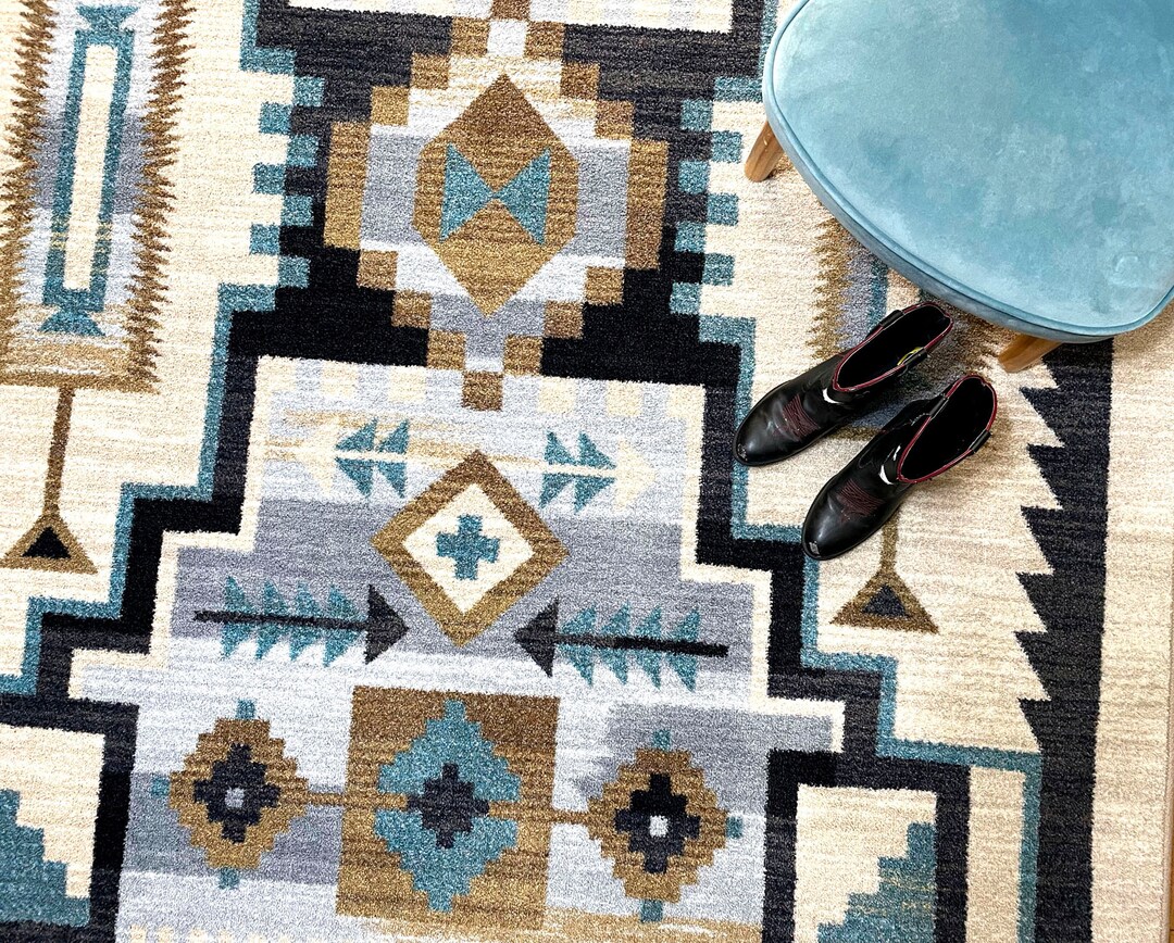 Blue Aztec Rug, Turquoise Aztec Rug, Turquoise Southwestern Rug, Blue